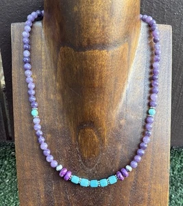 Sterling Silver Dyed Sugilite Charoite W Turquoise Bead Necklace 18 inch - Picture 1 of 12