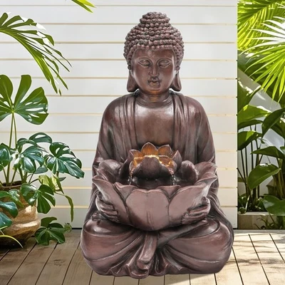 19in Meditating Buddha Outdoor Water Fountain, Zen Lotus Water Feature with L... - Image 1 of 4