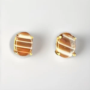 Aretes Wells Ovalados Rayas Marrón Crema Ágata Oro Sobre Esterlina - Imagen 1 de 5