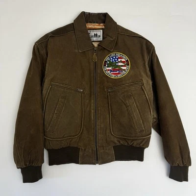 Vintage leather Jacket Men's Med. Battle Bomber WWII P38 The Lost Squadron Patch - Image 1 of 4