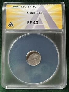 1860 Three Cent Silver Piece 3¢ - Type 3 - ANACS EF40 - Vintage US Coin - Picture 1 of 4