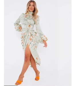 PrettyLittleThing Sz 4 Floral High Neck Ruched Long Sleeve Dress Sage Green USA - Picture 1 of 14