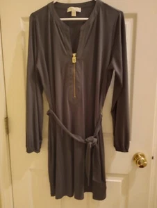 Michael Kors Olive Green Belted Logo Zip Dress XL Jersey Knit Gold Zip  - Picture 1 of 8
