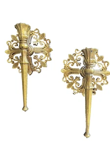 Vintage 1970er Dart verziert Gold Wandleuchter Kerzenhalter Paar Hollywood Regency - Bild 1 von 8