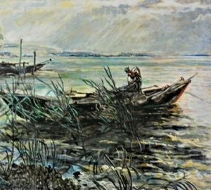 Fritz Strote,XX tolles Gemälde 1973: FISCHER MIT BOOT HOLT AM UFER SEIN NETZ EIN - Bild 1 von 12