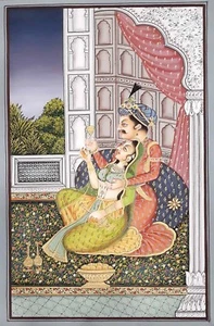 Indian Painting Of Mughal King & Queen In Love Scene Art On Canvas 23x35 Inches - Picture 1 of 4