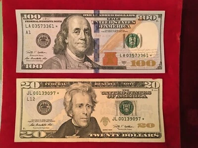 Star Notes 2009 US $100 Dollar Bill and 2009 $20 Dollar Bill  Lot of Two G/ Con. - Image 1 of 4