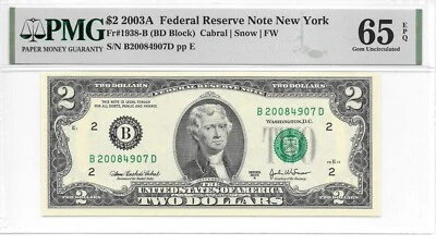 2003A New York $2 FRN BD Block Sheet Note PMG 65 EPQ Gem Uncirculated - Image 1 of 4