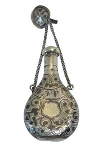 Antique Russian Sterling Silver Niello Chatelaine Perfume Scent Flask Bottle - Picture 1 of 16