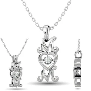 Round Cut Natural Diamond MOM Heart Pendant Necklace 1/50 ct tw Sterling Silver - Picture 1 of 5