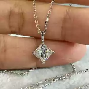 2Ct Princess Cut Lab Created Diamond Women Pendant Chain 14K White Gold Plated - Picture 1 of 3