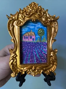 Paesaggio, casa, campo di lavanda, pittura su carta, incorniciato, 5/4, carino, miniatura, - Foto 1 di 5