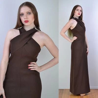 VESTIDO DE FIESTA MAXI de colección años 70 BILL BLASS Cacao Marrón Halter COUTURE Diosa S-M Foto 1 de 4