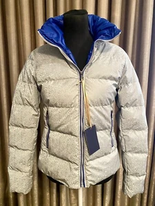 NEW Short Puffer Jacket Optic Print Gray Royal Blue Trim S M L XL XXL Faux Down - Picture 1 of 9