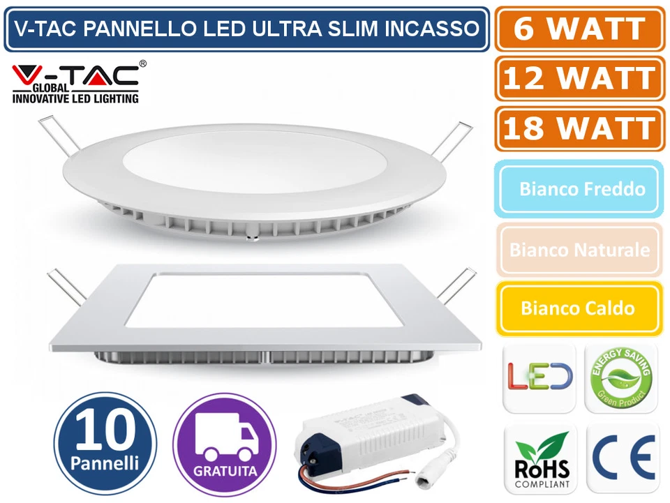 KIT 10 PANNELLI LED V-TAC ULTRA SLIM 6W - 12W - 18W DA INCASSO DRIVER INCLUSO - Immagine 1 di 1