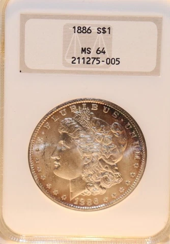 1886 US Morgan Silver Dollar $1 NGC (Old Slab) MS64 Edge Blue Toning Cover