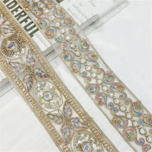 Sequin Embroidered Ribbon Trim Gold Line Sewing Accessories Retro Ethnic Trim - Picture 1 of 11