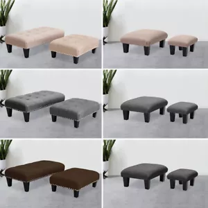 Linen Fabric Rectangle Ottoman Footstool Button Tufted Wood Frame Padding Seat  - Picture 1 of 24