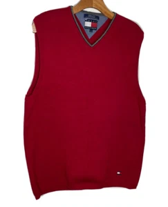 Tommy Hilfiger Herren Pullover Weste Large Rot V-Ausschnitt 100% Baumwolle Golf Preppy - Bild 1 von 4