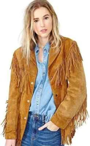 Western fringe Suede Leather Cowgirl Brown Women Native American Cowlady Jacket - Picture 1 of 4
