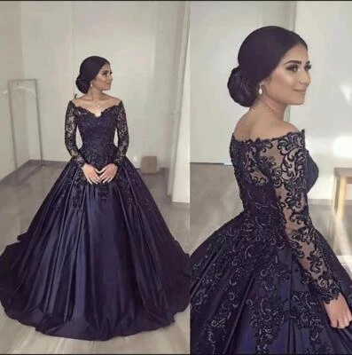 Vestidos de novia satinados mangas largas cuello en V con tren azul marino línea A vestidos de novia Foto 1 de 4
