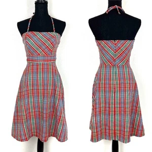 Vintage Handmade Halter Dress Plaid Seersucker Red Blue Summer July 4th - Picture 1 of 6