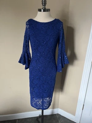 Marina Dress Womens 6 Blue Sequin Lace Bell Sleeve Wedding Cocktail Party - Image 1 of 4