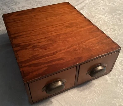 Vint. Card Catalog File Cabinet Library Antique Oak 2 Drawer Recipe Organizer - Image 1 of 4