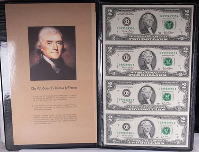 World Reserve 2003 $2 United States Currency Uncut Sheet 4 Notes UNC - Image 1 of 4