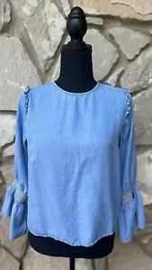 ZARA Denim Collection Top Small Light Blue Smocked Sleeves Ruffled Excellent - Picture 1 of 8