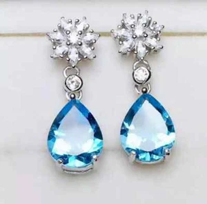 4Ct Pear Cut Blue Topaz Diamond Teardrop Dangle Earrings 14K White Gold Finish - Picture 1 of 3