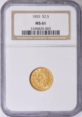 1855 LIBERTY HEAD $2.5 QUARTER EAGLE GOLD NGC MS61 - Image 1 of 3