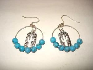 Faux Turquoise Beaded /Cactus Hoop-Hook Earrings - Picture 1 of 2