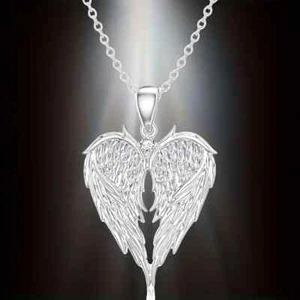 Elegant Angel Wing Heart Shaped Pendant Necklace Men Women Trendy Silver Color - Picture 1 of 7