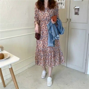 Damen Chiffon Blumen Kleider Rüschen Retro Blumen V-Ausschnitt Midi Langarm Freizeit - Bild 1 von 4