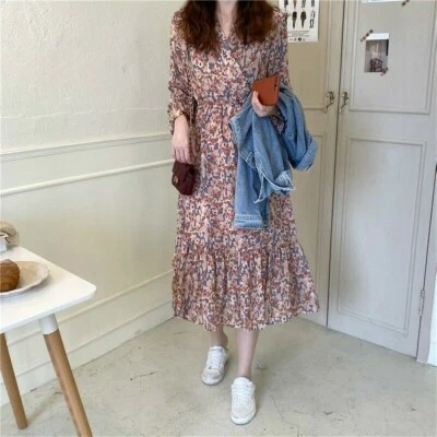 Dama Chifón Flores Vestidos Volantes Retro Floral Cuello en V Midi Mangas Largas Informales Foto 1 de 4