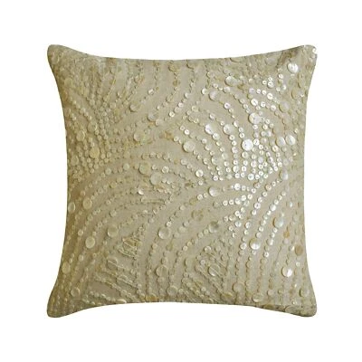 Pillow Case Beige 16"x16", Bed Decor Cotton Mother Of Pearl - Dreams N Pearls - Image 1 of 3