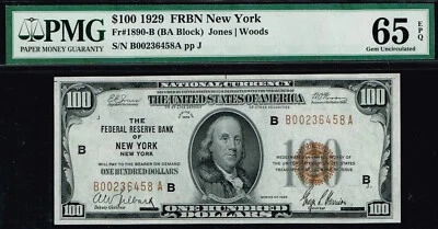 $100 1929 FRNB New York. Fr. 1890-B. GEM NOTE. PMG 65 EPQ - Image 1 of 3