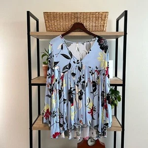 Free People Floral V-neck Boho Pleated Front Blouse Pullover Woven Top, S - Picture 1 of 6