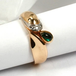 Romántico Anillo En 585 Oro 14 Quilates Con Esmeralda Y Diamante - Imagen 1 de 2