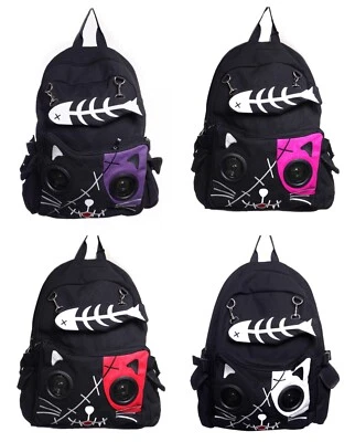 BANNED APPAREL Rosa Lila Rot Weiß Gothic Kätzchen Katze Lautsprecher Wasserdicht Rucksack Tasche