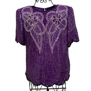 Vintage Leslie Fay lila Pailletten elegantes Top Größe Medium Blumenmuster Kurzarm - Bild 1 von 10