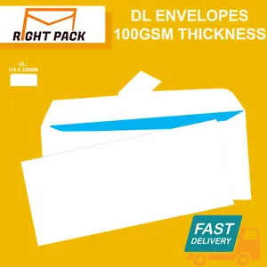 QUALITY DL PLAIN 100GSM WHITE ENVELOPES PEEL AND SEAL STRONG PAPER 110MM X 220MM - Picture 1 of 1