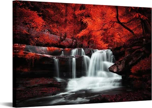 Black White and Red Wall Art Red Tree Waterfall Picture Canvas Landscape Print A - Picture 1 of 9