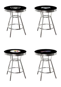 NFL Bar Pub Table Chrome Black Top with Football Team Logo Glass Option Man Cave - Picture 1 of 87