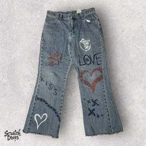 Vintage Jordache Girls Jeans Size 12 Distressed Graffiti Retro Kiss Heart Design - Picture 1 of 3