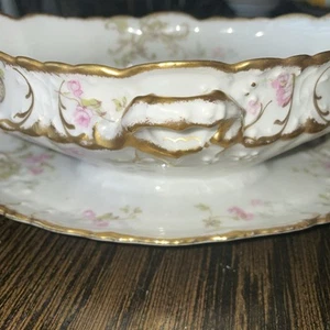 RAREAntq Theodore Haviland Limoges France Sauciere 10" Pink Roses Gray Gold - Bild 1 von 8