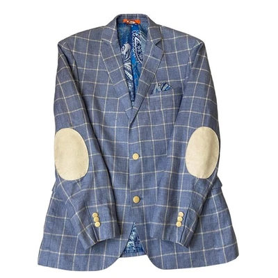 Tallia Mens Windowpane Plaid Elbow Patch Linen Blazer Sport Coat 38R Blue Check - Image 1 of 4