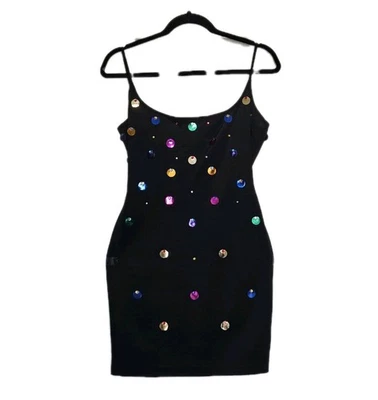 Vtg ELETRA CASADEI Sequin Paillettes Rhinestone Bodycon Low Back Mini Dress M - Image 1 of 4