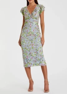 Mac Duggal Floral Embellished Flutter Cap Sleeve Dress 5722 Slate blue Sz 4 NWT - Picture 1 of 12